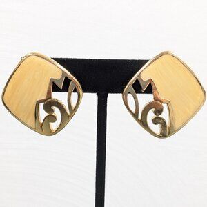 Vintage Avon Yellow Enamel Square Open Metal Work Drop Bold Pierced Earrings